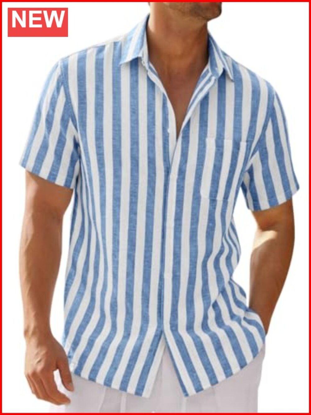 Mens Linen Short Sleeve Striped Button Down Shirt Casual Beach Vacation Top - Picture 1 of 6